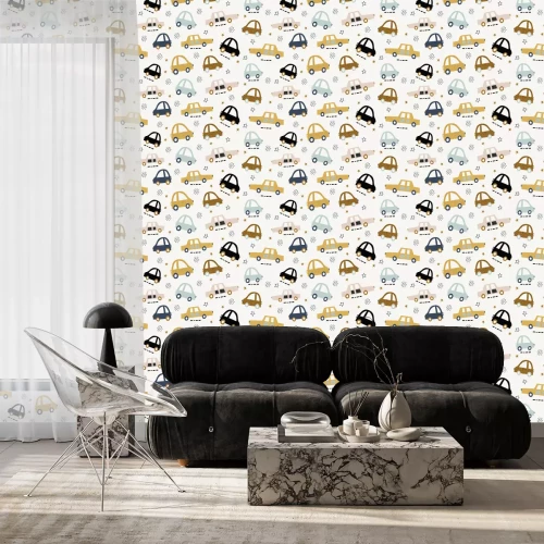 Tapete Handgezeichnetes nahtloses Muster der Kinder mit bunten Autos