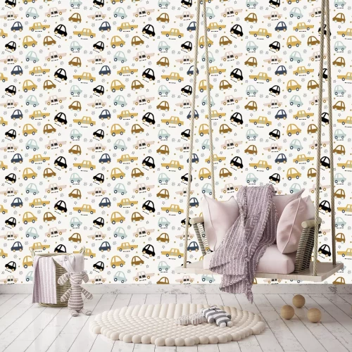 Tapete Handgezeichnetes nahtloses Muster der Kinder mit bunten Autos