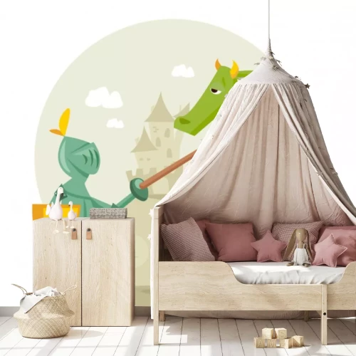 Sticker Cartoon Ritter mit einem Drachen, Vektor-Illustration