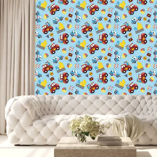 Tapete nahtloses Muster der Karikatur des Rettungsteams. Feuerwehrmann, Polizeiauto, in der Stadt