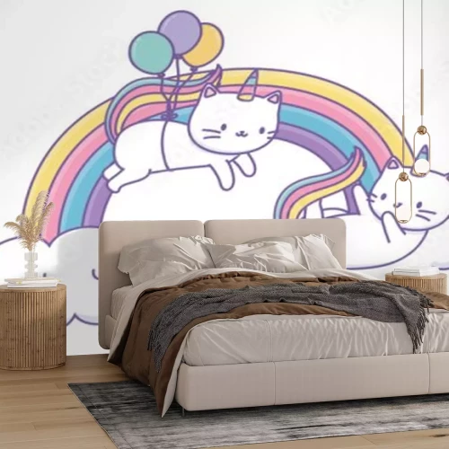 Sticker Zwei weiße Katzen und ein Regenbogen