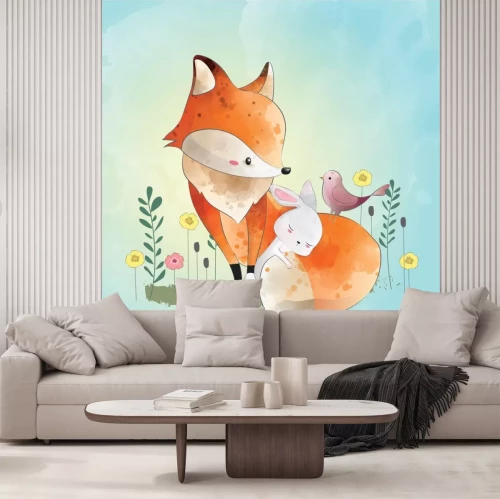 Sticker Füchse bemalter Fuchs, Kaninchen und Vogel auf einer Wiese