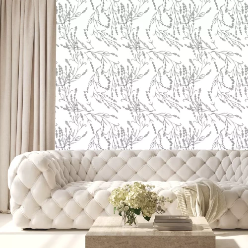 Tapete Schwarz-weißes Muster mit Lavendelzweigen