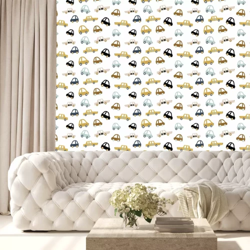 Tapete Handgezeichnetes nahtloses Muster der Kinder mit bunten Autos