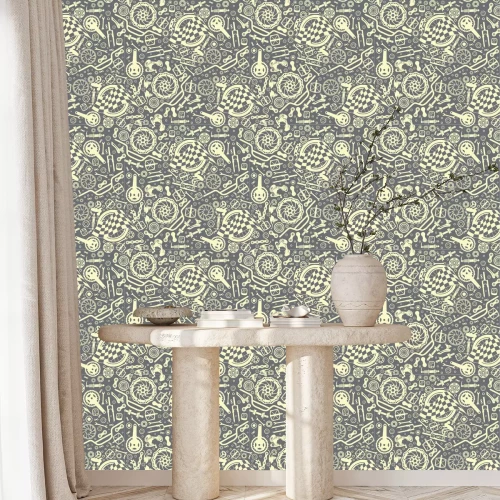 Tapete Fahrradteile mit Startflagge. Nahtloses Muster. Vektorbild