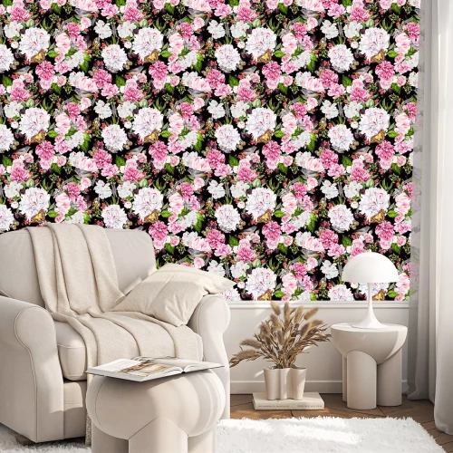 Tapete Blühende Pfingstrosen und Schmetterlinge