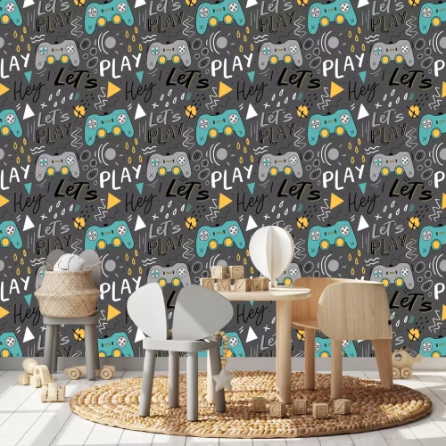 Tapete Let's play kids seamless pattern with joystick for print, textile, wallpaper. Modern illustration with hand lettering background.