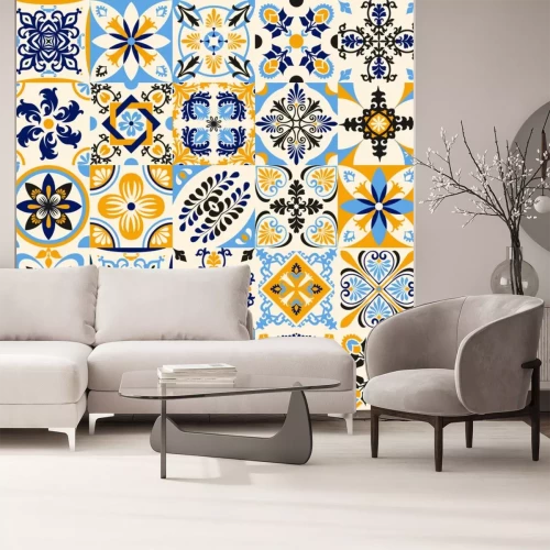 Sticker Talavera pattern. Indian patchwork. Azulejos portugal. Turkish ornament. Moroccan tile mosaic. Ceramic tableware, folk print. Spanish pottery. Ethnic background. Mediterranean seamless wallpaper.