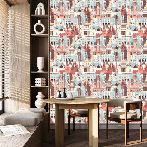 Tapete Russland Architektur Vektormuster. Nahtloser Hintergrund des russischen Symbols. Street View Cartoon flachen Stil