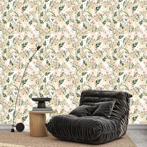 Tapete Beautiful Watercolor seamless pattern with roses flowers and herbs. 