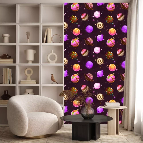 Tapete Seamless pattern with cute cartoon sweet planets on the space background.