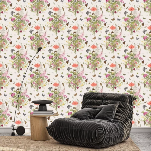 Tapete Muster mit viktorianischem Blumenstrauß und Schmetterlingen