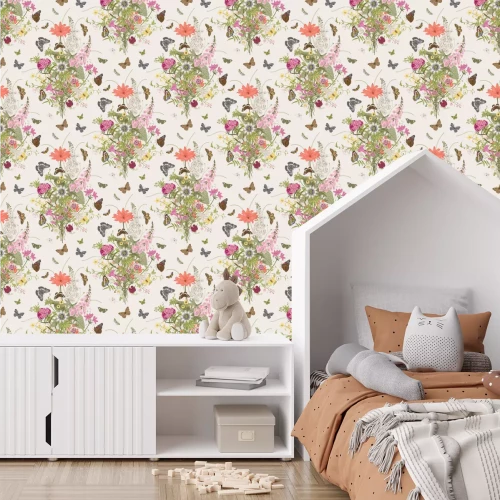 Tapete Muster mit viktorianischem Blumenstrauß und Schmetterlingen