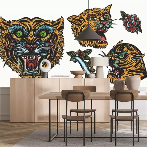 Sticker Tigers. Old school tattoo collection. Asian wild cats. Oriental style. Isolated elements. Traditional tattooing, japan style