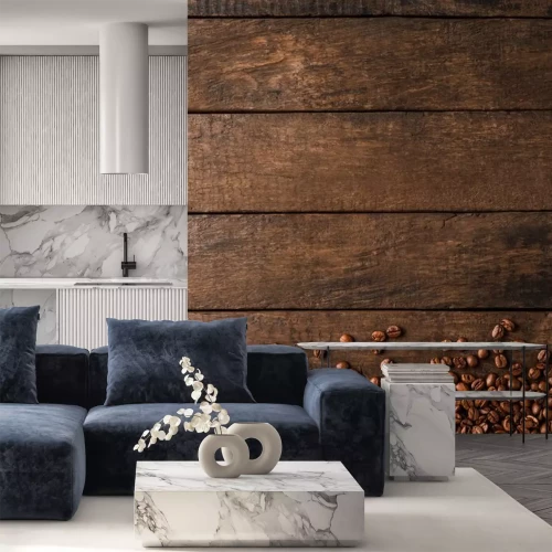 Sticker Geröstete Kaffeebohnen auf Holz-Hintergrund