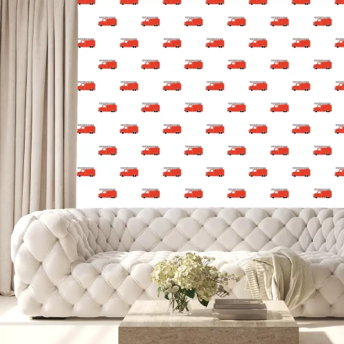 Tapete Hand zeichnen Sie ein Feuerwehrauto nahtloses Muster. Vector Boyish Hintergrund im skandinavischen Stil. Nettes Feuer des roten Feuers lokalisiert auf weißem Hintergrund. Druck für Kinder T-Shirt, Tex