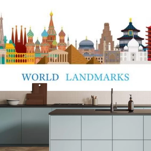 Sticker World Skyline Landmarks in Flat Design Style