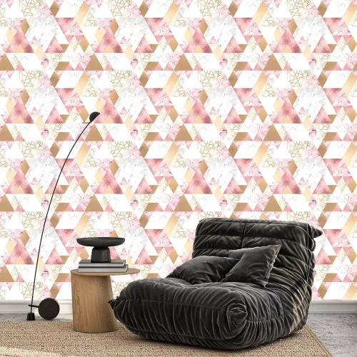 Tapete Seamless geometric pattern with metallic lines, rose gold, gray and pink marble triangles