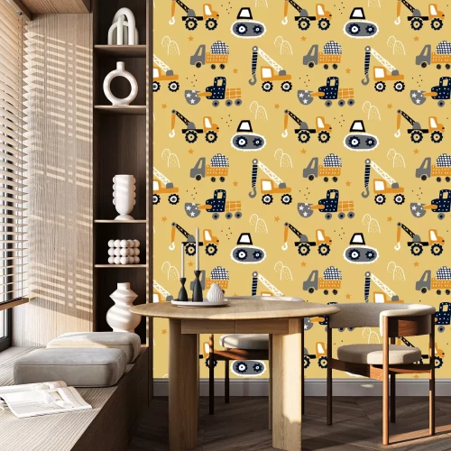 Tapete Seamless childish pattern with hand drawn building cars. Creative kids texture for fabric, wrapping, textile, wallpaper, apparel. Vector illustration