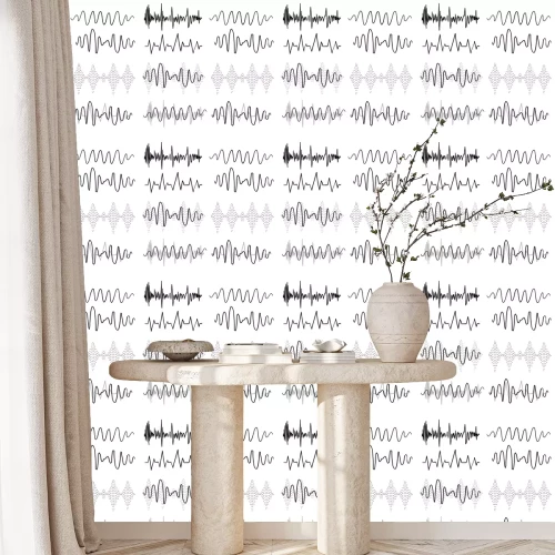 Tapete Schwarze Schallwellen. Musik-Audiofrequenz, Sprachleitungswellenform, elektronisches Funksignal, handgezeichneter Gekritzelvektor des Lautstärkesymbols