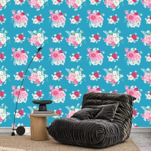 Tapete Shabby Chic Blumensträuße auf blauem Grund