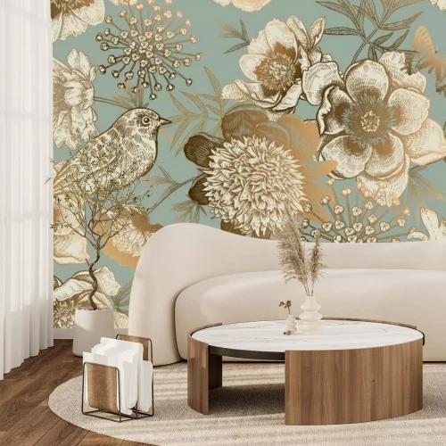 Fototapete Ein Vogel zwischen Blumen und Schmetterlingen im Vintage-Stil