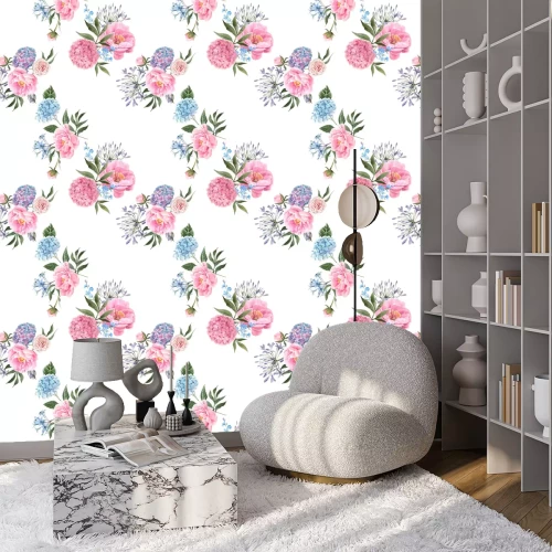 Tapete Pfingstrosen und Hortensien auf weißem Hintergrund