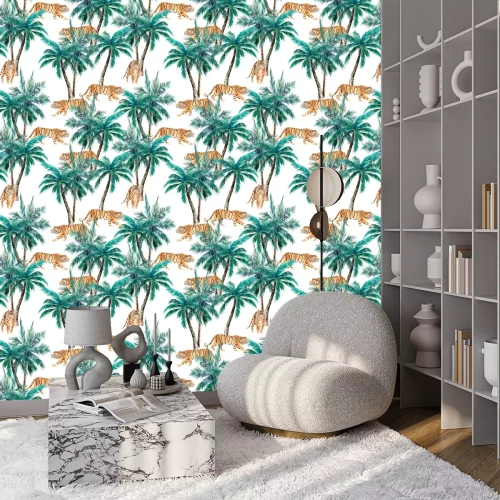 Tapete Jungle seamless pattern. Tropical palm trees and tiger. Hand drawn watercolour illustration