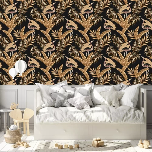 Tapete Golden Bird Flamingo Gpld verlässt nahtlosen schwarzen Hintergrund