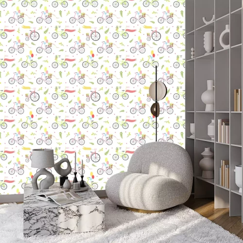 Tapete Vintage Bikes mit Blumen und Luftballons nahtlose Muster-Vektor-Illustration