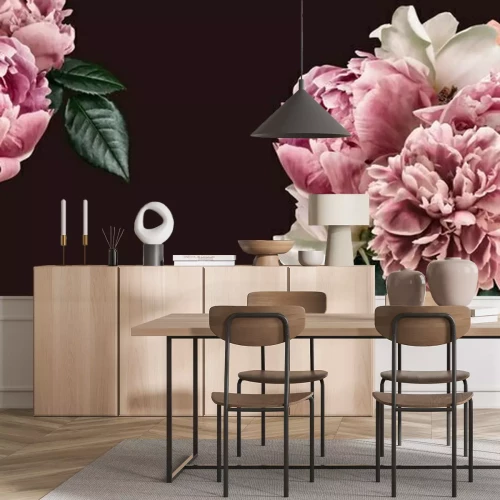 Fototapete Floral banner, flower cover or header with vintage bouquets. Pink peonies, white roses isolated on black background.