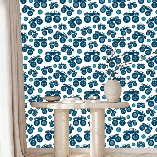 Tapete Nahtloses Muster. Monster Truck Vektorzeichnung. Isoliertes Objekt auf weißem Hintergrund. Textur