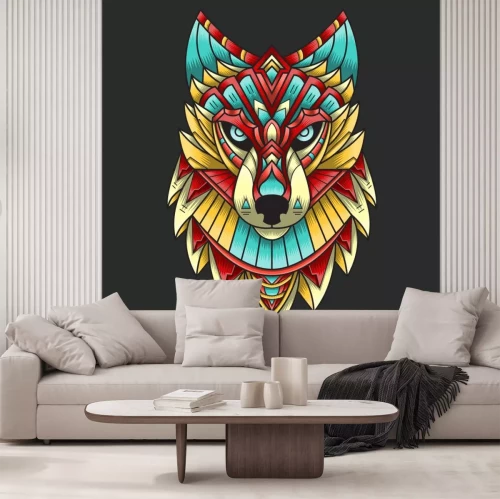 Sticker Wolfskopf bunt indianische Muster