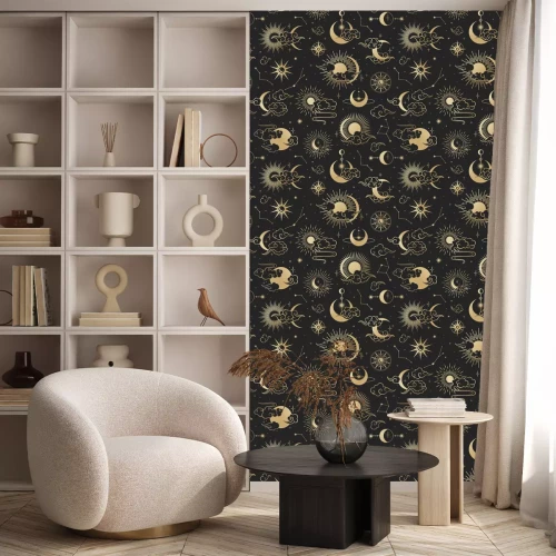 Tapete Asian seamless pattern with clouds, moon, sun, stars . Vector collection in oriental chinese, japanese, korean style. Line hand drawn on black background.