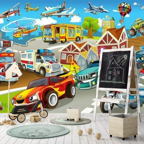 Fototapete Cartoon-Fahrzeuge in der Stadt