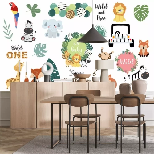 Sticker Safari object set with fox,giraffe,zebra,lion,leaves,elephant. illustration for logo,sticker,postcard,birthday invitation.Editable element