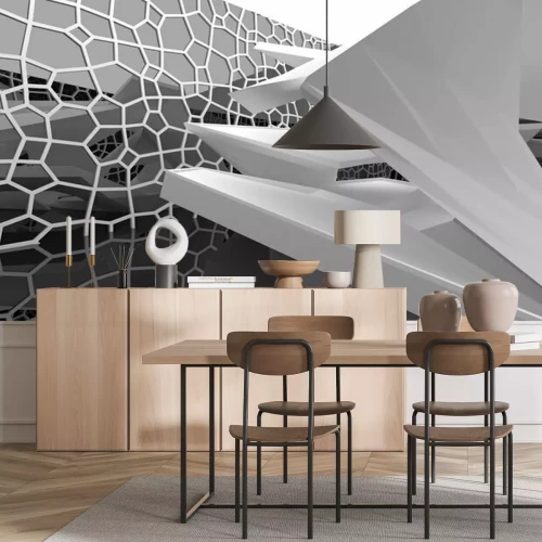 Fototapete Abstract white and black interior multilevel public space with window. 3D illustration and rendering.