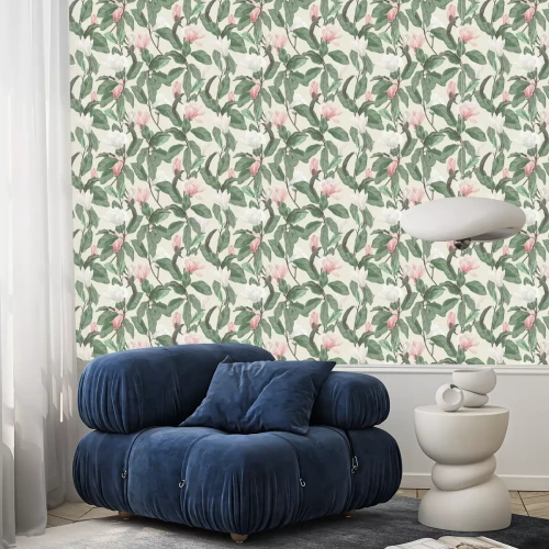 Tapete Floral seamless pattern, pink and white Anise magnolia flowers and leaves on light brown, pastel vintage theme