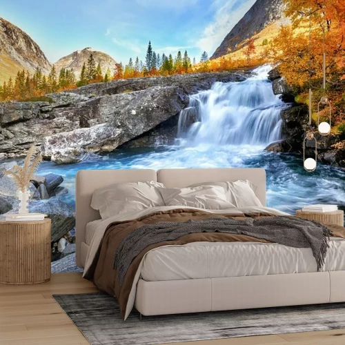 Fototapete Beautiful autumn landscape with yellow trees and waterfall