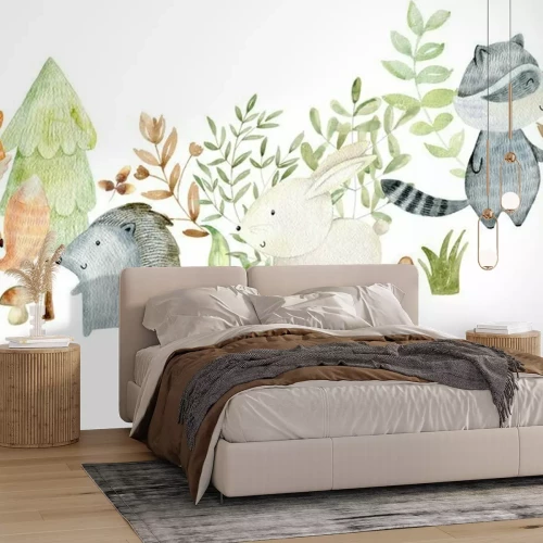 Fototapete Märchenhafte Waldtiere und -pflanzen auf weißem Hintergrund