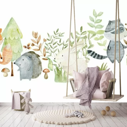 Fototapete Märchenhafte Waldtiere und -pflanzen auf weißem Hintergrund