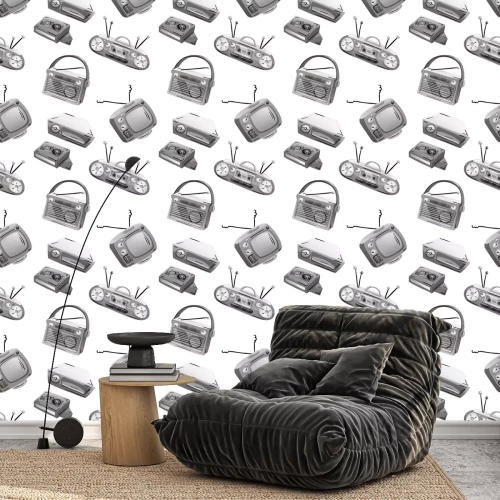 Tapete Nahtloses Muster mit Retro-Geräten in Graustufen