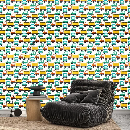 Tapete Nahtlose Vektorillustration der Lastwagen auf der Straße. Design für Stoff, Verpackung, Textil, Tapete, Bekleidung