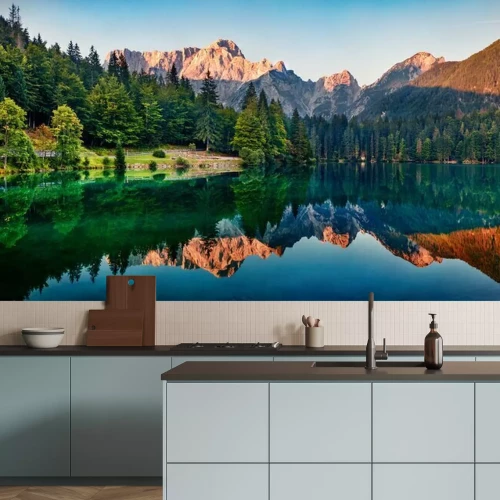 Fototapete Calm morning view of Fusine lake. Colorful summer sunrise in Julian Alps with Mangart peak on background, Province of Udine, Italy, Europe. Beauty of nature concept background.