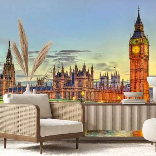 Fototapete Panorama des beleuchteten London mit Big Ben in der Abenddämmerung