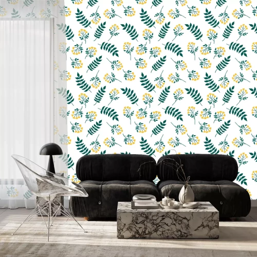Tapete Natürliches nahtloses Muster mit Rainfarnpflanze und Blättern. Waldgelbe Blüten. Vektor skandinavische Artillustration