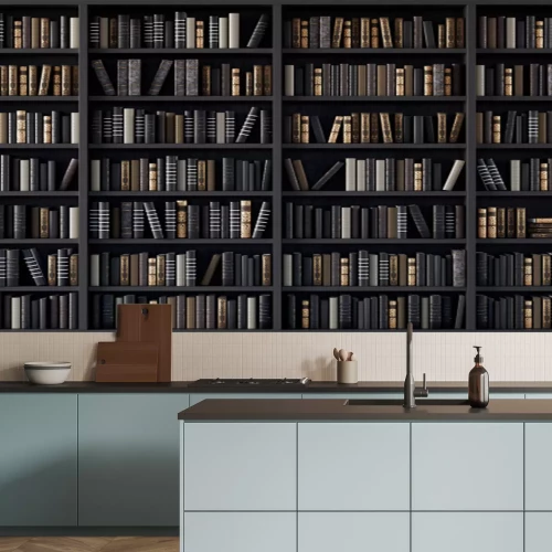 Fototapete Bookshelves in the library with old books 3d render 3d illustration