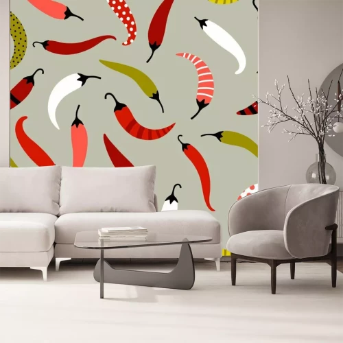 Sticker Flaches Vektor nahtloses Muster des Chilipfeffers. Mexikanischer würziger Gemüse-, Lebensmittelgeschmack dekorativer Hintergrund. Heißer Paprika mit kreativer Punkt- und Streifenverzierungsstruktur. R