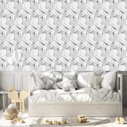 Tapete 3D Wallpaper of white 3D panels geometric knot with white decor stripes. Shaded geometric modules. High quality seamless texture.
