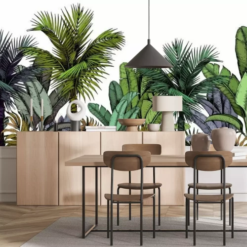 Sticker Seamless border with green tropical palm trees on white background. Hand drawn vector illustration.